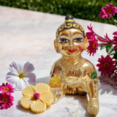 Beautiful Brass Hand Painted Laddu Gopal Ji, Metal, Idol - Size No.5, Made In Vrindavan, Baby Krishna, Kanhaiya, Gold Color, Lord Krishna Idol